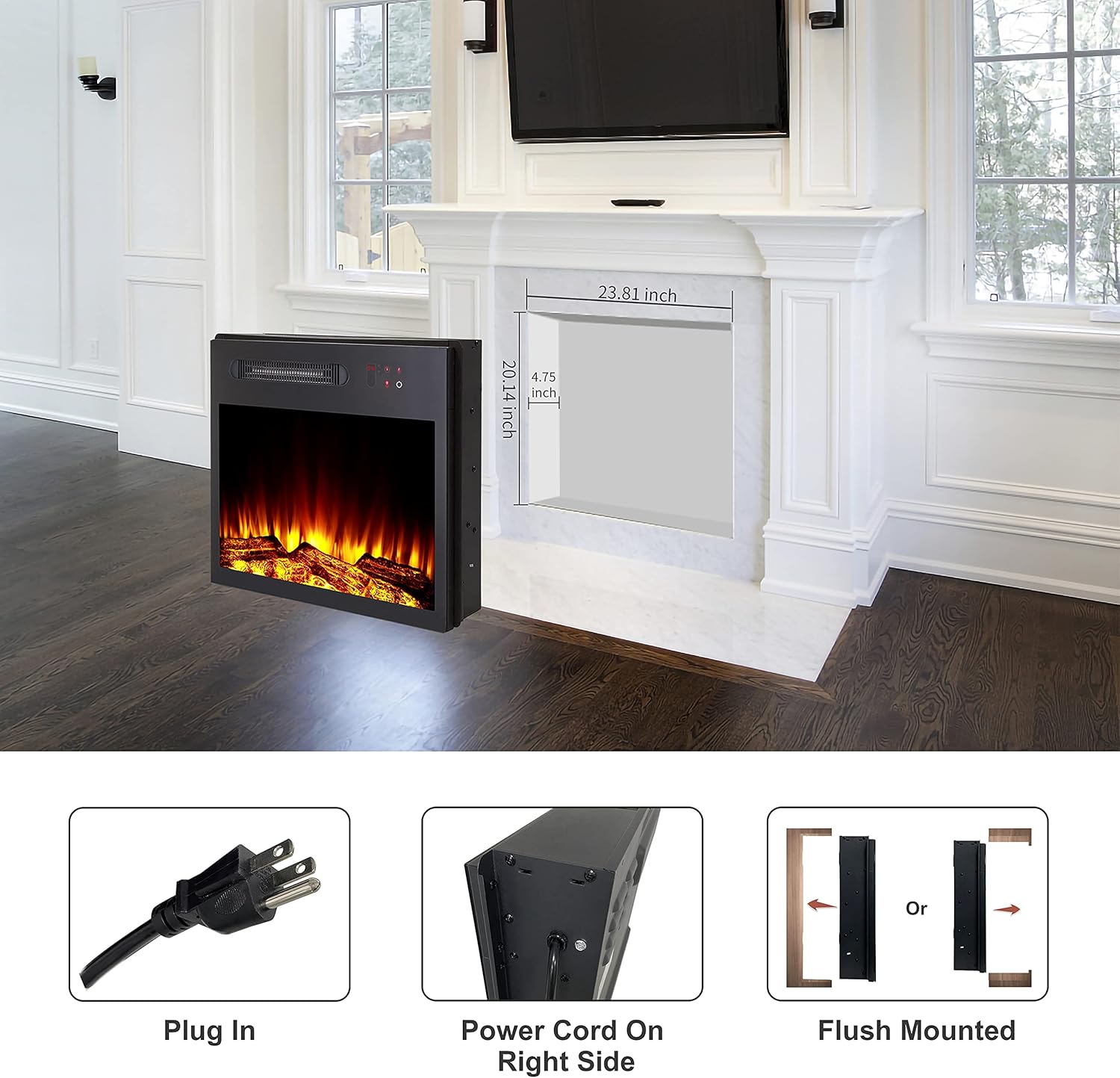 MOCIFI 23 inch Built-in Electric Fireplace Insert Heater,Low Noise,Remote Control,Touch Control Screen,Adjustable Flame Brightness and Speed,1500W,Black