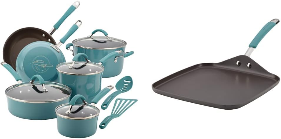 Rachael Ray Cucina Nonstick Cookware Pots and Pans Set, 12 Piece, Agave Blue