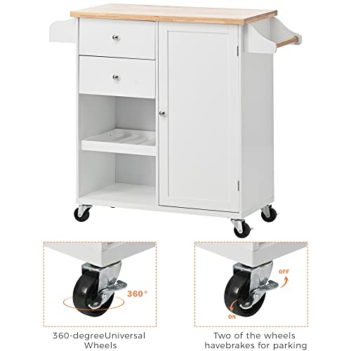 Kitchen Island Cart on Wheels with Storage, Rolling Cart Cabinet with 2 Drawers 2 Open Shelves 1 Adjustable Tray, Rubberwood Top Small Microwave Removable Trolley with Spice Rack and Towel Rack