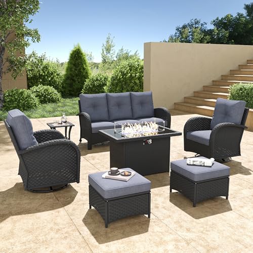 5 Pieces Wicker Patio Furniture Set, Luxury Outdoor Conversation Set with High Back Swivel Rocker Chairs