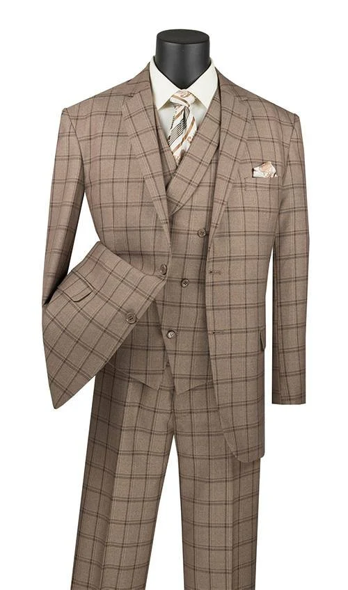 Vinci Men&s Atrani Collection - Regular Fit Windowpane Suit 3 Piece in Khaki 42 Long - 36 Waist / Khaki