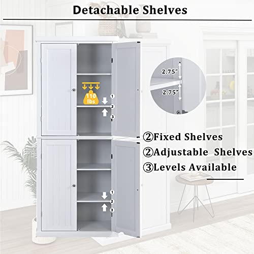 Kitchen Pantry Cabinet, 72.4-inch Tall Storage Cabinet with 4 Doors and Adjustable Shelves, Freestanding Cupboard Utility Pantry for Home Office, Each Shelves Capacity 110lbs, White
