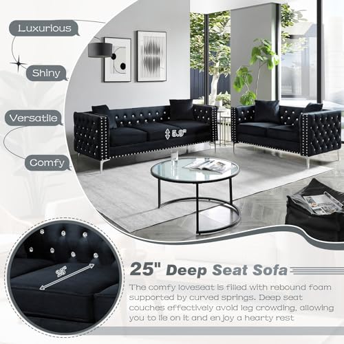 Antetek Velvet Sofa Set for Living Room, Modern Upholstered Loveseat and 3 Seater Cloud Sofa Couches w/Crystal Buttons/Pillows for Living Room, Apartment, Office, Furniture Sets, Blue(2 Pieces)