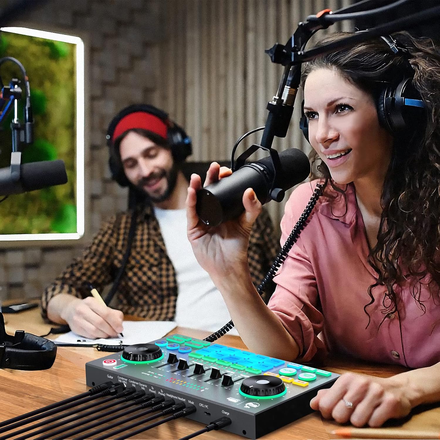 Professional Podcast Audio Mixer, DJ Mixer Sound Card, Full-featured DJ Mixer Controller with BT 5.0 Type C USB Interface for PC, Laptop, Mobile Phone, Live Streaming, Podcast, Chat Room Lobby