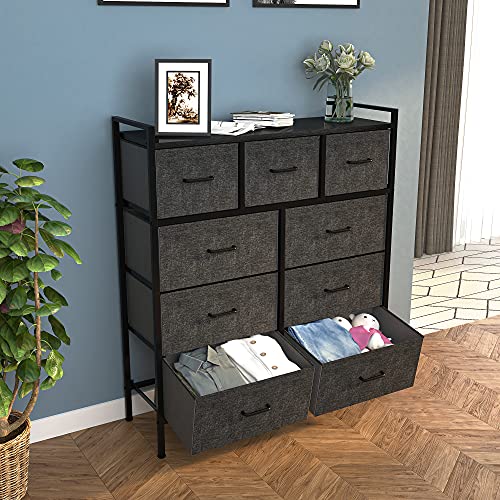 YITAHOME 9-Drawer Fabric Dresser, Furniture Storage Tower Cabinet, Organizer for Bedroom, Living Room, Hallway, Closet & Nursery, Sturdy Steel Frame, Wooden Top, Easy-to-Pull Fabric Bins(Light Grey)