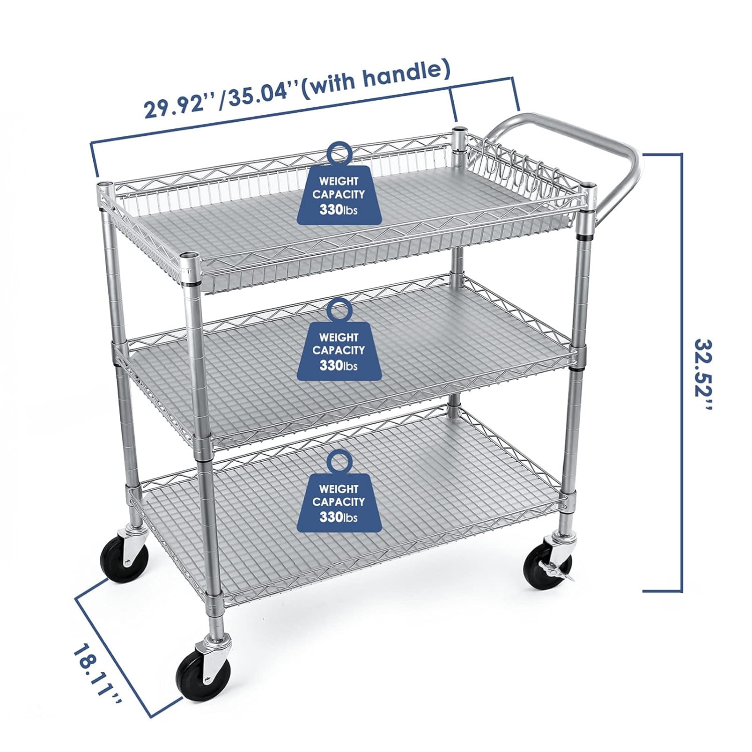 WDT Heavy Duty 3 Tier Rolling Utility Cart, Kitchen?Cart on Wheels Metal Serving Cart Commercial Grade with Wire Shelving Liners and Handle Bar for Kitchen Office Hardware