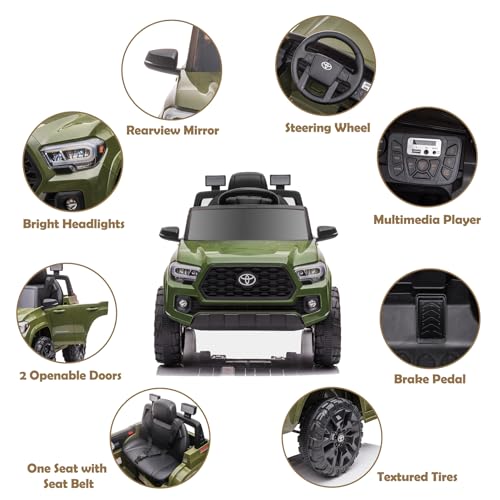 12V Kids Ride on Truck, Licensed Toyota Tacoma Battery Powered Motorized Electric Vehicle Car for Kids, with Remote Control, 3 Speeds, MP3, Horn, LED Lights, Suspension System, Black