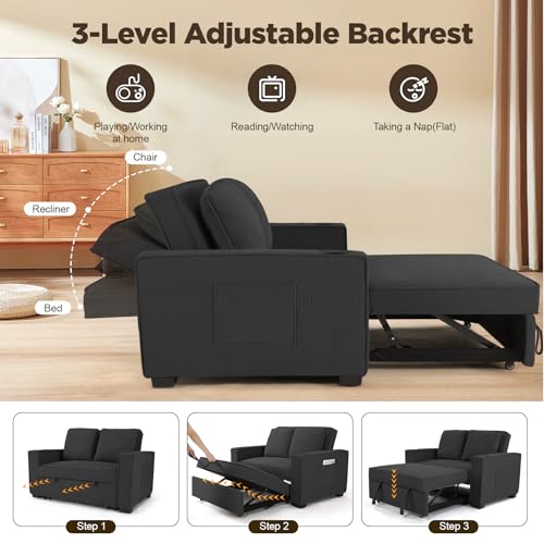 52" Convertible Sofa Bed, 3-in-1 Sleeper Sofa Pull-Out Bed, Multi-Functional Corduroy Futon Couch with Adjustable Backrest and Cup Holders, Loveseat Sofa for Small Space, Living Room, Black