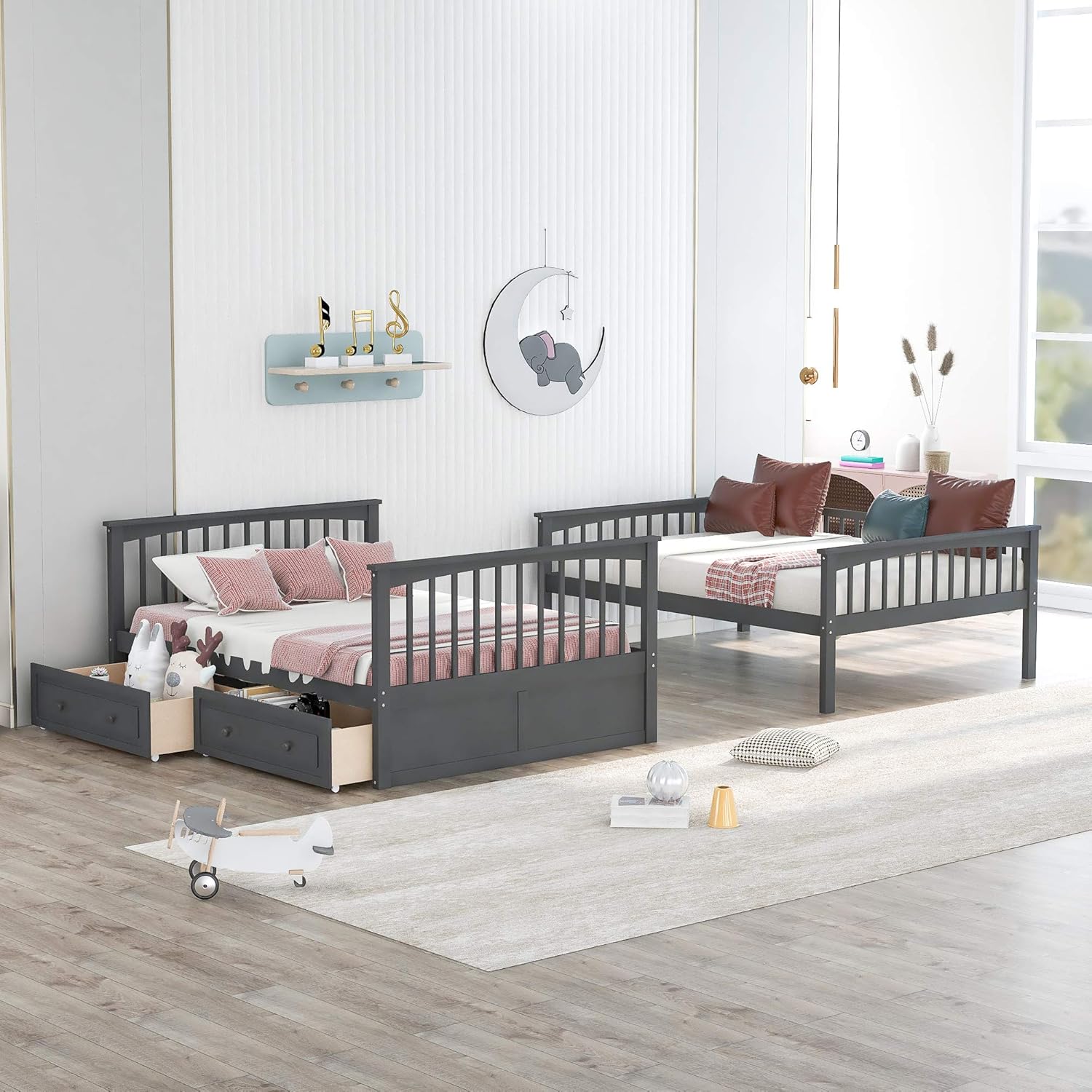 Full Over Full Bunk Bed with Drawers,Wood Bedframe Divided Into Two Full Size Daybeds for Kids Teens,Gray