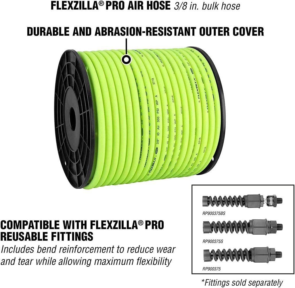 Flexzilla Pro Air Hose, Bulk Plastic Spool, 3/8 in. x 250 ft, Heavy Duty, Lightweight, Hybrid, ZillaGreen - HFZ38250YW