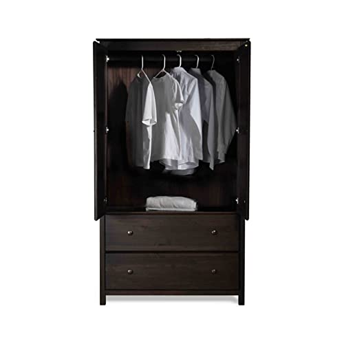 Grain Wood Furniture Shaker 2-Door Wardrobe, Solid Wood with Walnut Finish