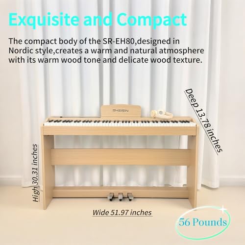 Digital Piano Hammer Action Keyboard 88 Keys Upright Acoustic Electric Weighted Piano Beginner MIDI Cover Full Size Sustain Pedal Stand Real Professional SR-FH80 (Beige Full Cover)