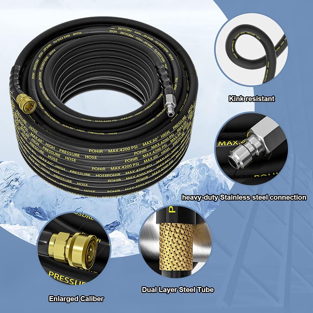 POHIR Pressure Washer Hose 70 ft with 3/8 Quick Connect, High Tensile Wire Braided Kink Resistant Pressure Washer Hose 4200 PSI, with 2pcs M22 14mm Quick Connect 3/8 Multi-Scene Use Pack of 2