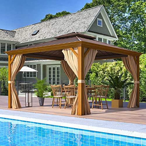 EROMMY 14'x20' Hardtop Gazebo Double Roof Galvanized Steel Canopy Outdoor Aluminum Frame Permanent Metal Pavilion with Netting and Curtains for Patio Backyard Deck and Lawns