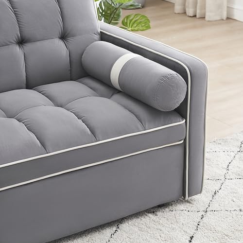 Sleeper Sofa Couch w/Pull Out Bed, 55" Modern Velvet Convertible Sleeper Sofa Bed, Small Love seat Sofa Bed w/Phone Holder & Pillows & Side Pockets for Small Space, Living Room, Apartment,Gray