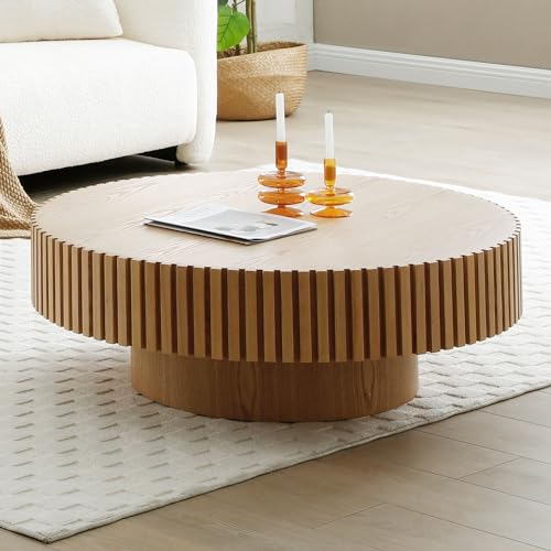 Walnut Wood Coffee Table 31.49" Round Handcraft Drum Coffee Table with Vertical Texture Relief Design Modern Circle Pedestal Tea Table Cocktail Table Center for Living Room,Apartment