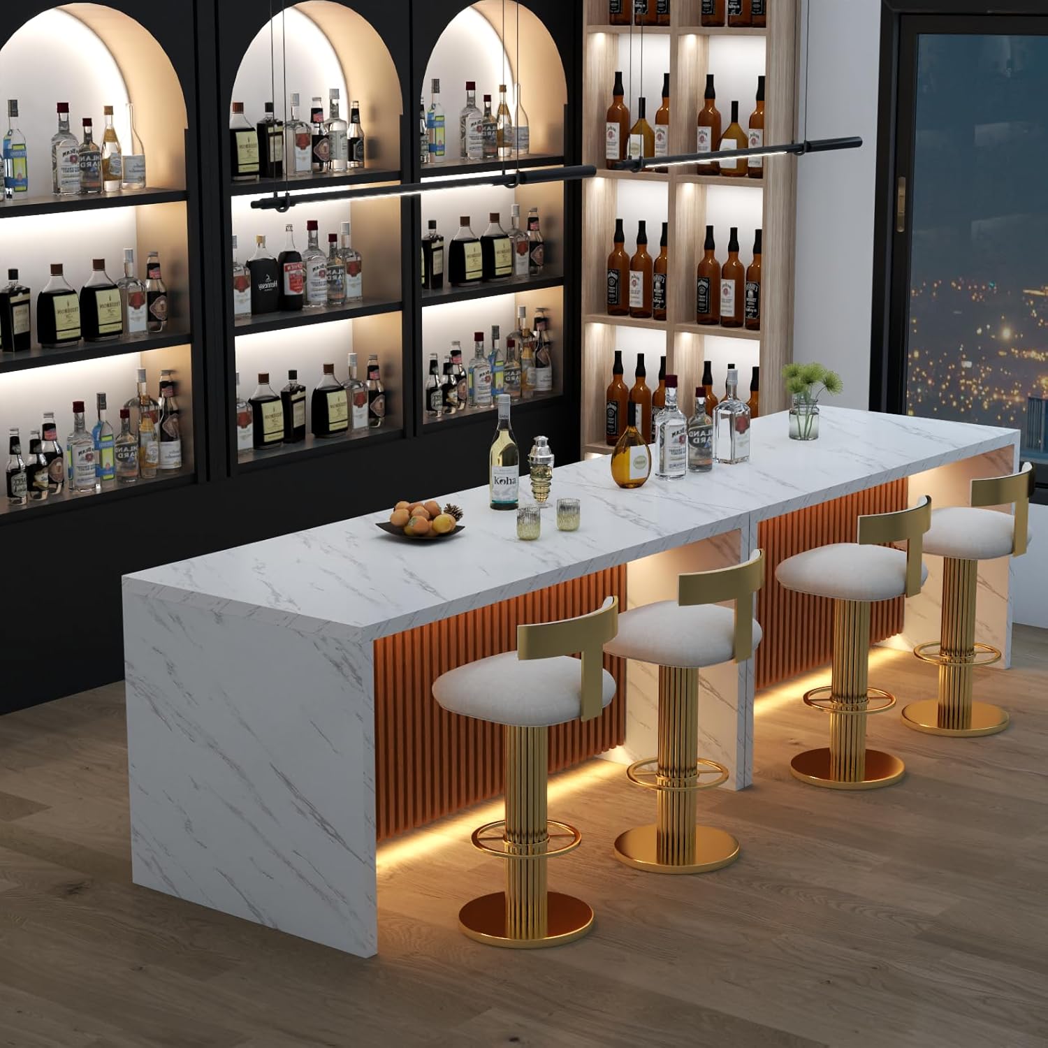 63" Large Imitation Marble Dining Table for 4-6 People, Island Table with LED Lights, Mordern Marble Stripes Kitchen Dining Table with Grille design for Dining Room, Home, Office, Living Room（White）
