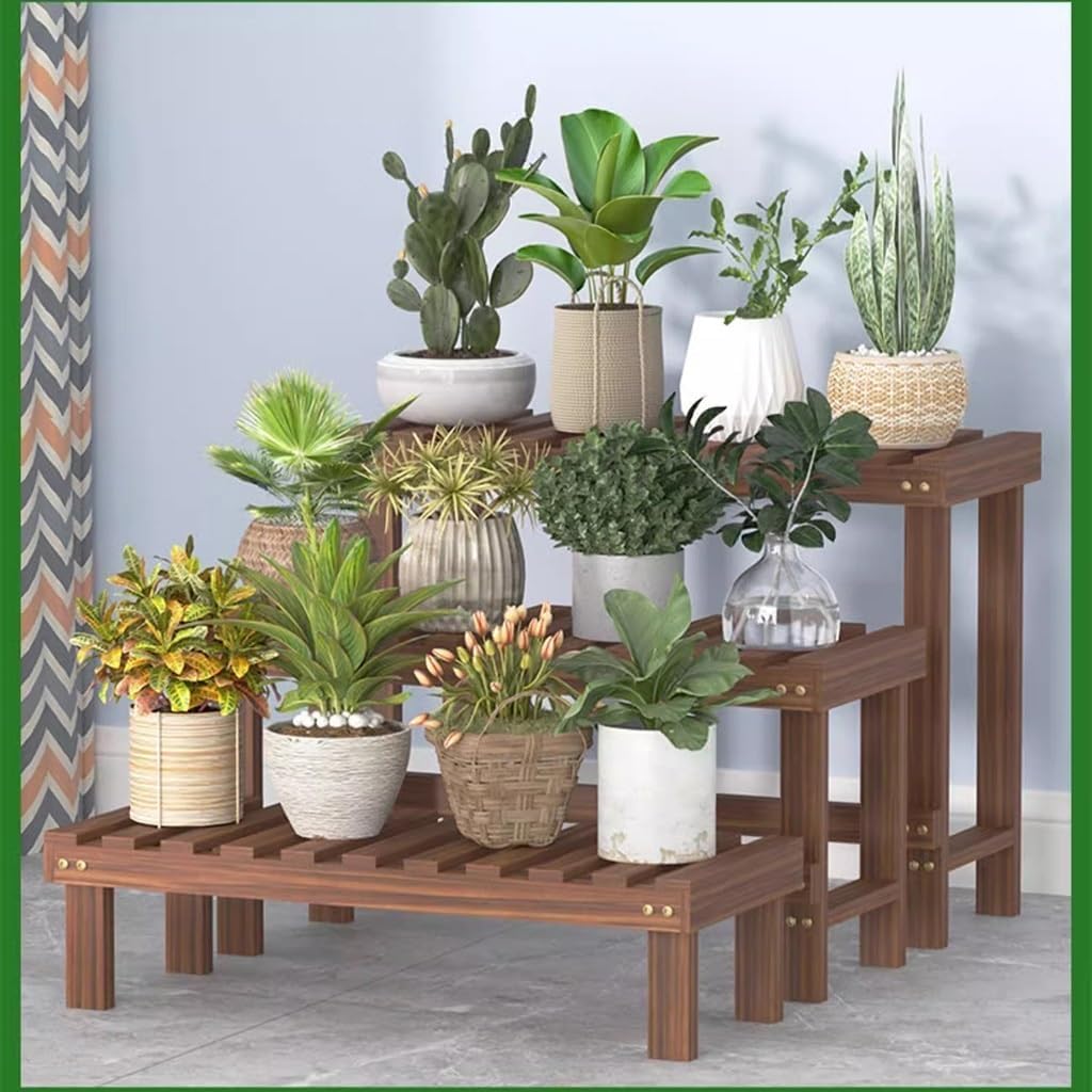 3 Tiered Wood Ladder Plant Stand, Freestanding Flower Pot Display Rack, Multiple Planter Display Shelf for Living Room Corner Balcony Office Lawn Patio Garden