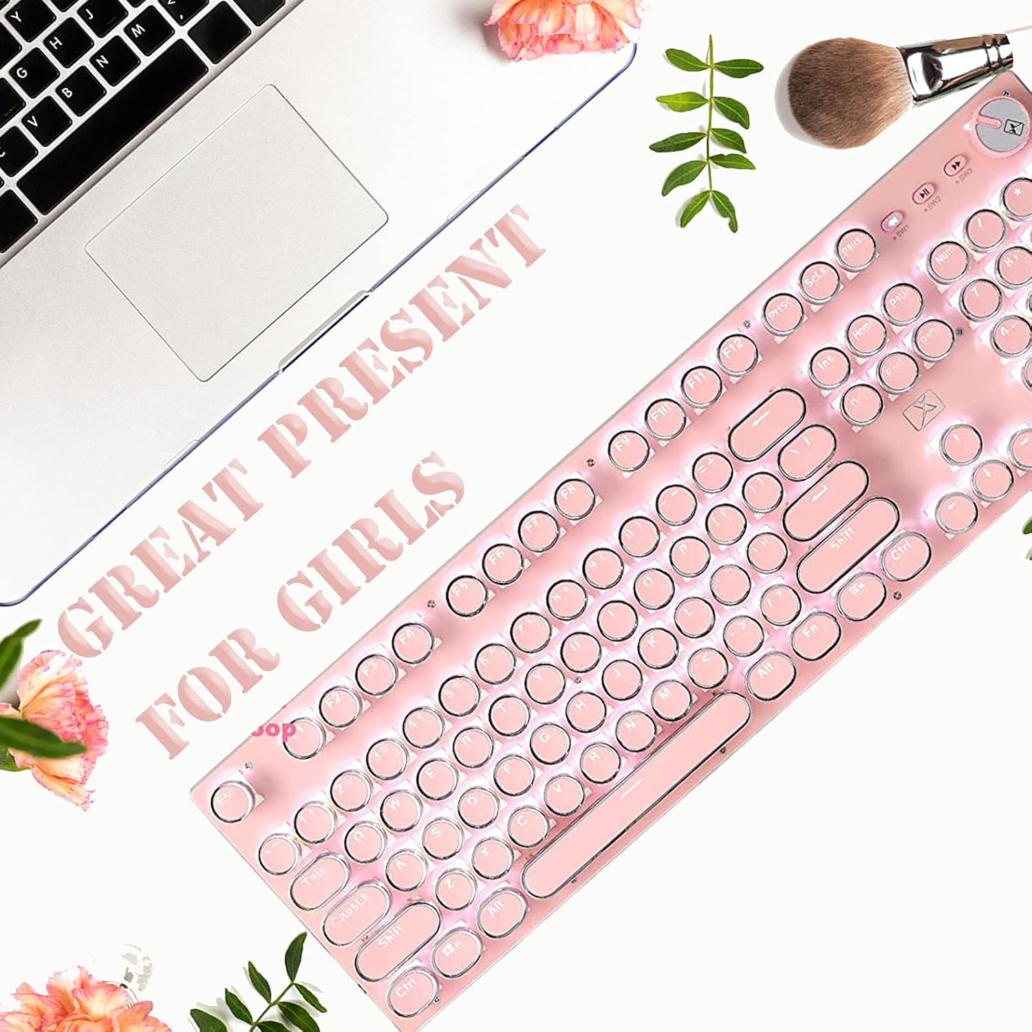Mechanical Gaming Keyboard and Mouse Combo, Retro Typewriter-Style Wired Computer Keyboard Mouse Combo, 104 Keys White Backlight Compact PC Gaming Keyboard, Great Gift for Girls/Women (Pink)