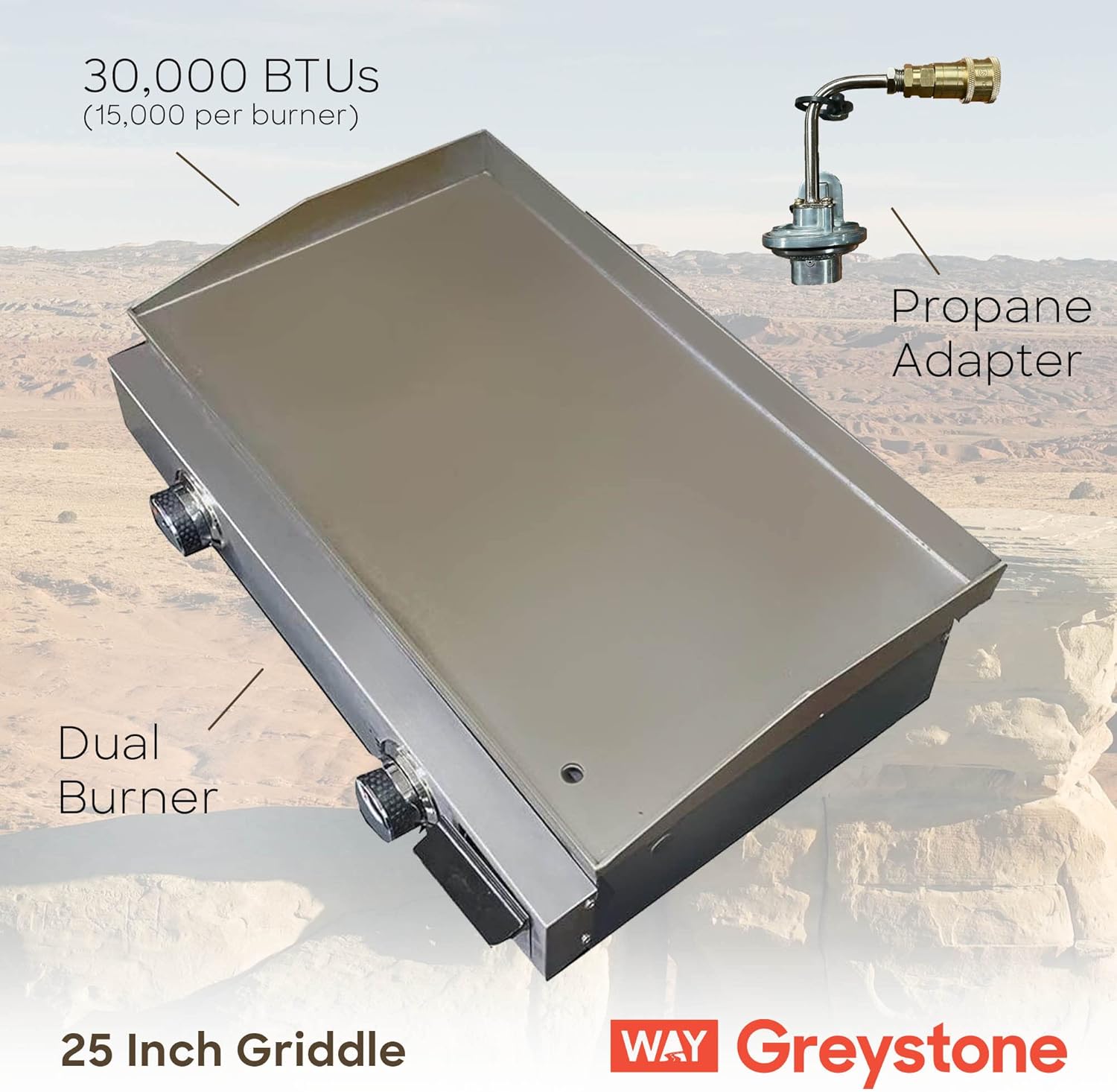 Way Interglobal Greystone RV Griddle, 25 Inches, Stainless Steel Panel, (2) 15,000 BTU Burners, Black