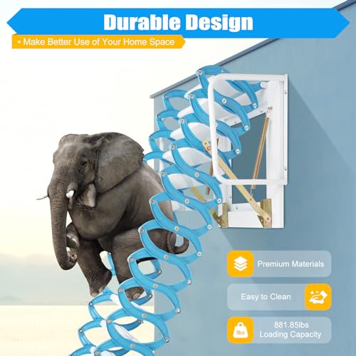 12 Steps Folding Attic Ladder Pull Down System, Wall Mounted Multifunctional Loft Ladder, Blue and White Retractable Collapsible Ladder with Armrests for Attics & Basements