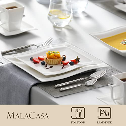MALACASA Ivory White Dinnerware Sets, 60 Piece Kitchen Plates and Bowls Sets for 12, Porcelain Dish Set with Dinner Plates Set, Cups and Saucers, Square Dishes Dinnerware Set, Series Flora