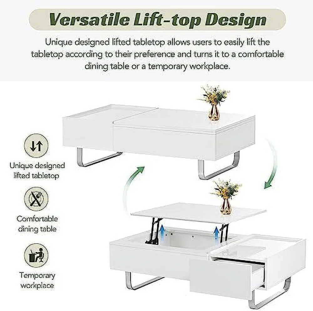 xrboomlife Coffee Table  Modern 45.3 Inch Lift Top Coffee Table with  and Hidden Compartment  Rectangle Cocktail Table with Drawer  UV High-Gloss Surface Center Table for Living Room  Whi