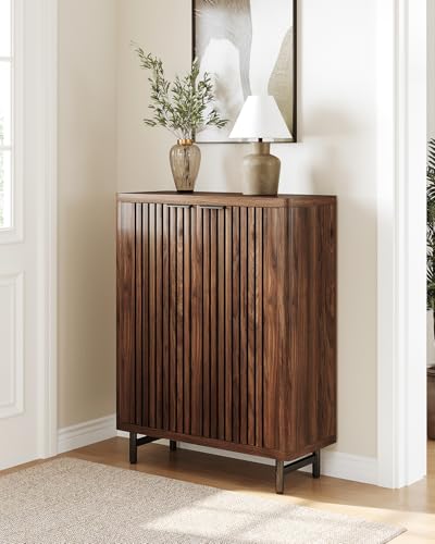 LITTLE TREE 6-Tier Shoe Cabinet with Doors for Up to 24 Pairs, Large Wooden Shoe Storage Cabinet with Adjustable Shelves, Retro Freestanding Shoe Organizer Cabinet for Entryway, Hallway, Dark Walnut
