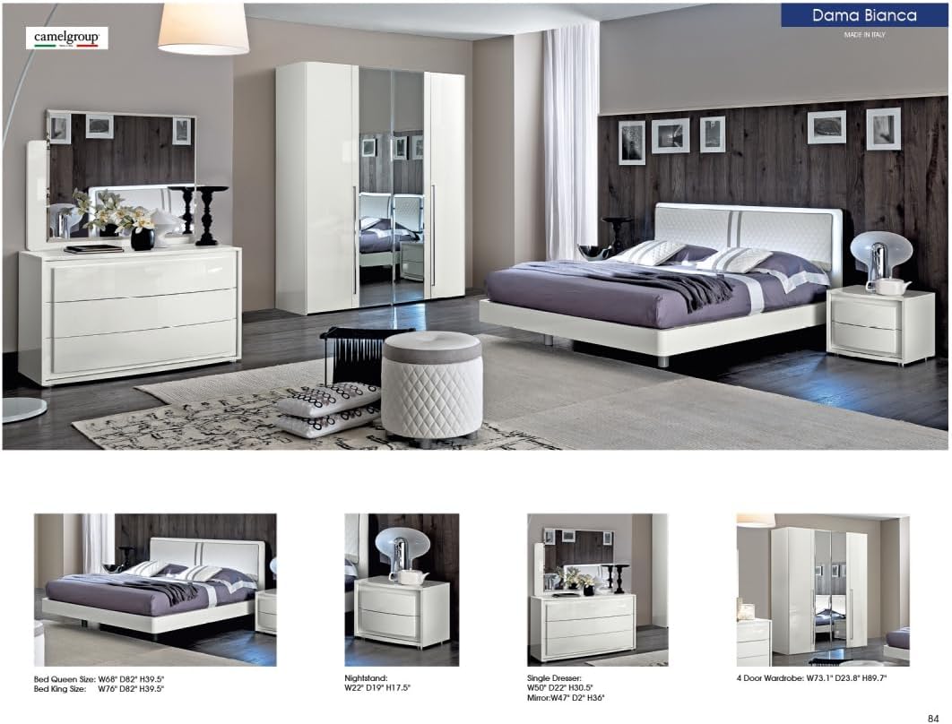 DAMA Bianca Modern Platform Bedroom 5 Pcs Bedroom Set Including Queen Bed, Single Dresser, Mirror and 2 Nightstand in White by ESF