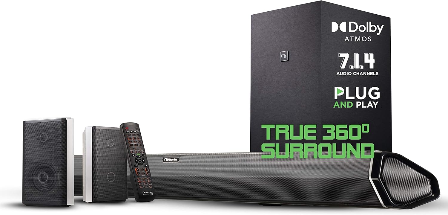 Nakamichi Shockwafe Pro 7.1.4 Channel 600W Dolby Atmos/DTS:X Soundbar with 8" Wireless Subwoofer, 2 Rear Surround Speakers. Get True 360° Cinema Surround with This Plug and Play Home Theater System
