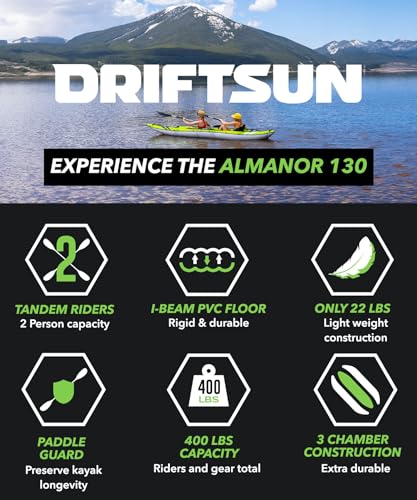 Driftsun Almanor Inflatable Kayak - Inflatable Touring Kayak - Inflatable 1 and 2 Person Kayaks for Adults with EVA Padded Seats, High Back Support, Paddles, Pump (1 Person, 2 Person, 2 Plus 1 Child)