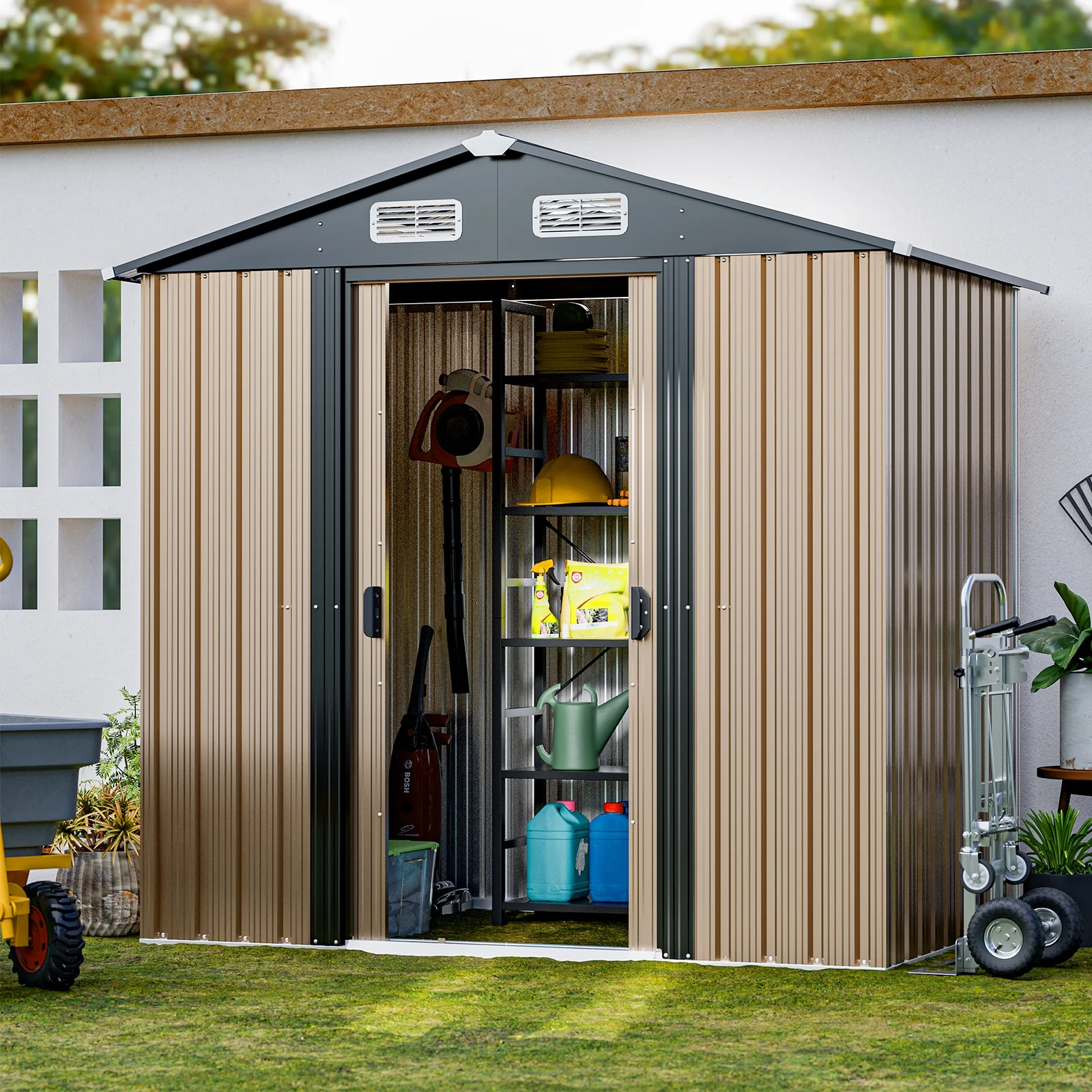 6 x 4 FT Outdoor Storage Shed, Metal Shed with Vents & Sliding Door for Gardening Tools Waterproof Thickened Galvanized Metal Storage Shed for Garden, Backyard, Lawn