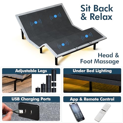 SF Adjustable Bed Frame with Mattress Included Massage - Queen Adjustable Bed + Firm Mattress - Cooling Gel Memory Foam Mattress, USB, Under Bed Light