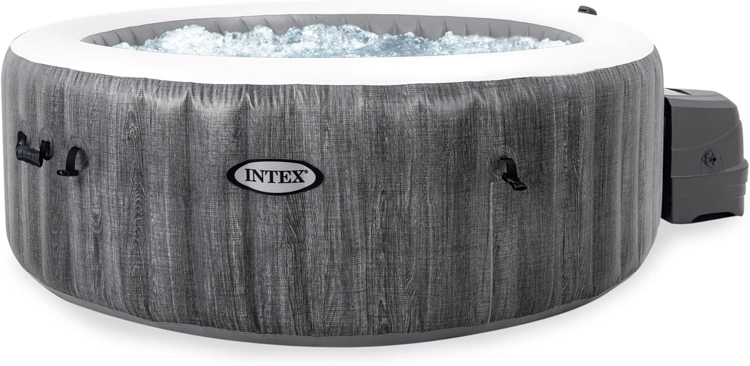 Intex 28439EP PureSpa Plus Greywood Inflatable Hot Tub Bubble Jet Spa with 4 Battery Powered Submersible Multi-Colored LED Lights
