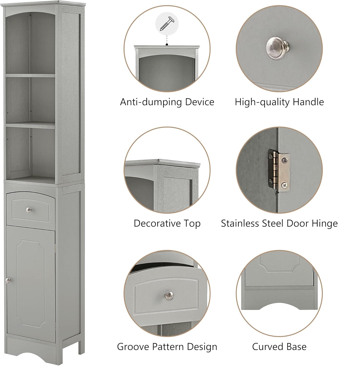 Tall Slim Bathroom Storage, Narrow Freestanding Floor Cabinets Tower w/ 3-Tier Adjustable Shelf and 1 Drawer for Home, Kitchen, Living Room, Anti-Tipping, 13.4" L x 9.1''W x 66.9''H, Grey