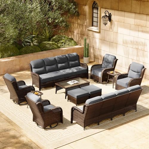 Luxury Patio Furniture Set with 6-inch Thick Cushion, Outdoor Couch and High Back Swivel Rocker Patio Chairs, 7PCS Wicker Conversation Set for Deck, Yard, and Poolside in Blue (V2)