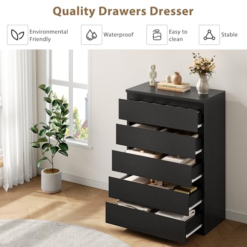 Black Modern 5 Drawer Dresser for Bedroom, 15" D x 23.7" W x 40.4" H in Simply Chest of Drawers, Wood Storage Dresser with Deep Drawers for Living Room Hallway Entryway, Black