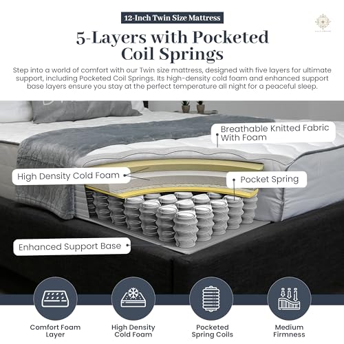 Twin Bed Mattress – 12 Inch Hybrid Twin Mattress with Pocketed Coil Spring with High Density & Comfort Cold Foam - Eco-Friendly, Breathable Twin Size Mattress Medium Firmness