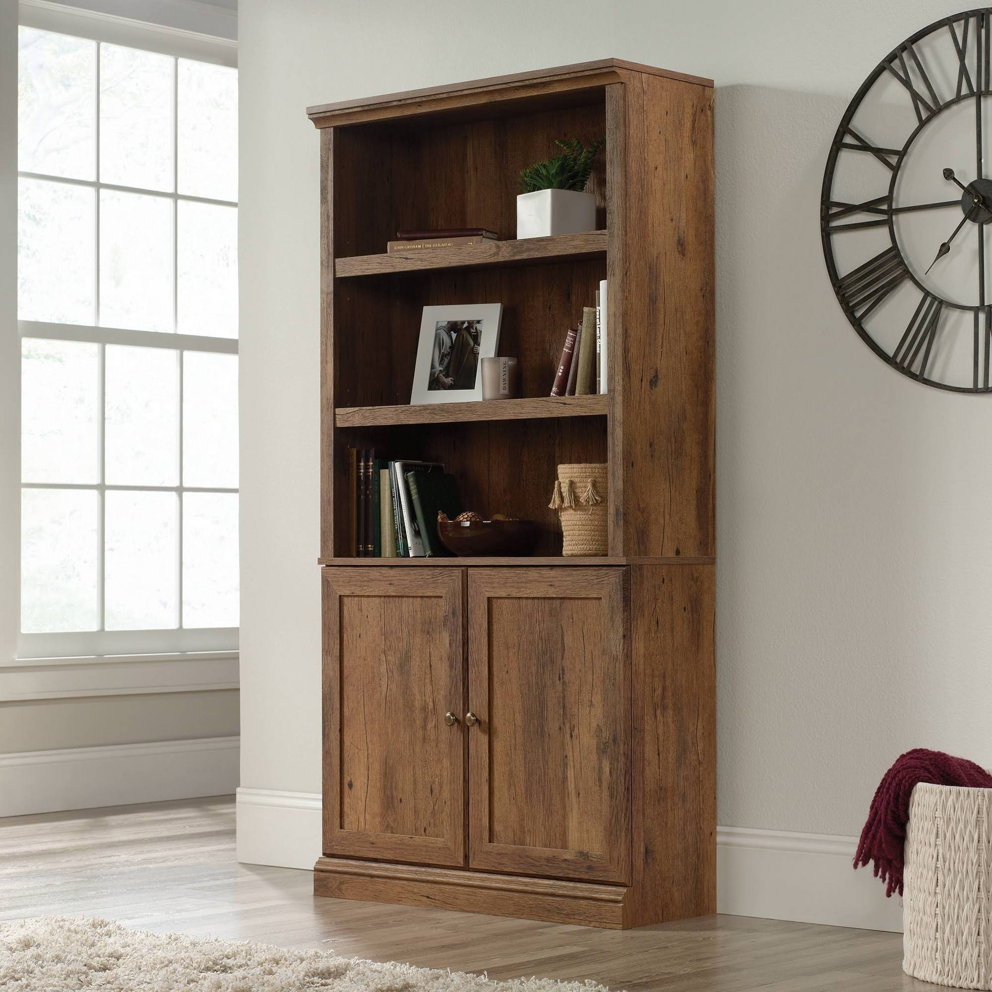 Sauder 5-Shelf Bookcase with Doors in Vintage Oak