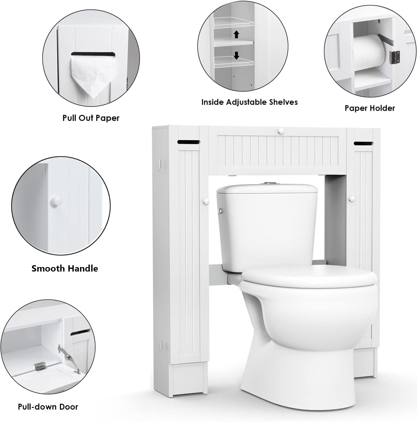 Freestanding Over The Toilet Cabinet,Over-The-Toilet Storage Cabinet with 2 Side Doors,Space Saver Bathroom Storage Toilet Rack with Adjustable Shelves,Paper Holder,White
