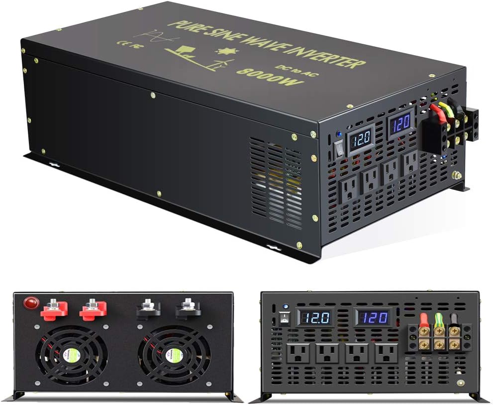 Reliable 8000W Continuous Power Heavy Duty Pure Sine Wave Power Inverter DC 48V to AC 120V with 4 AC Outlets Remote Control 66A Hardwire Terminal and LED Display for RV Car Solar System Emergency