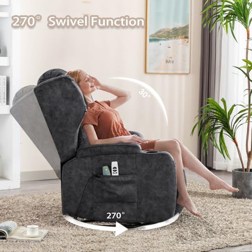 Power Recliner Chair, 270° Swivel Rocker Recliner Chair for Adult with Massage & Heat, Electric Swivel Glider Reclining Sofa Chair for Living Room with USB, Led Light, Lumbar Pillow (Grey)