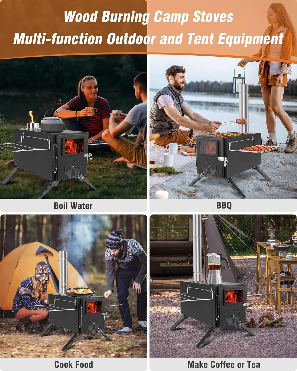 Wood Burning Stove for Hot Tents, Camping Stove with Chimney Pipes for Tents, Shelter, Outdoor Portable Wood Stove for Cooking and Heating