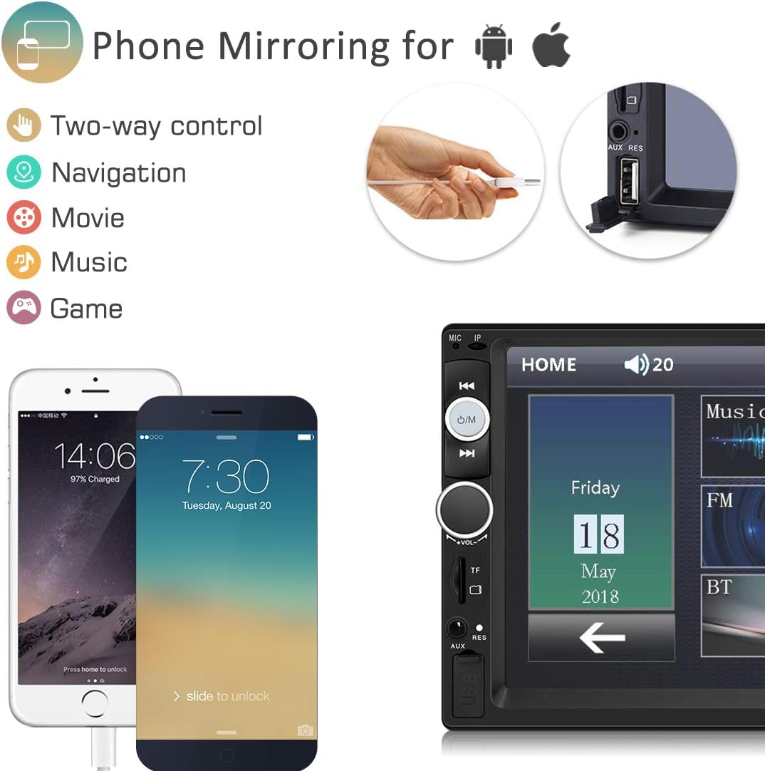 Double Din Car Stereo in Dash, FM Receiver with Remote, Car MP5 Media Player with 7inch Digital Resistive Touch Screen,Bluetooth Car Audio Mirror Link Monitor for Android & iOS