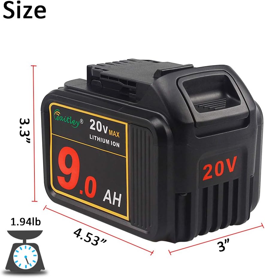 Waitley 20V MAX 9.0Ah Lithium Ion Battery Compatible with DEWALT DCB200 DCB204 DCB205 DCB206 DCB209 DCD/DCF/DCG Series Tools with LED Indicator Pack of 2
