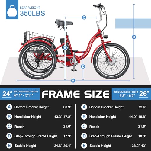 MOONCOOL Electric Tricycle Trike for Adults 350W 36V Removable Battery 24/26 Inches 7 Speeds 3 Wheels Electric Bikes Bicycle for Adults, Three Wheel Electric Cruiser Tricycle