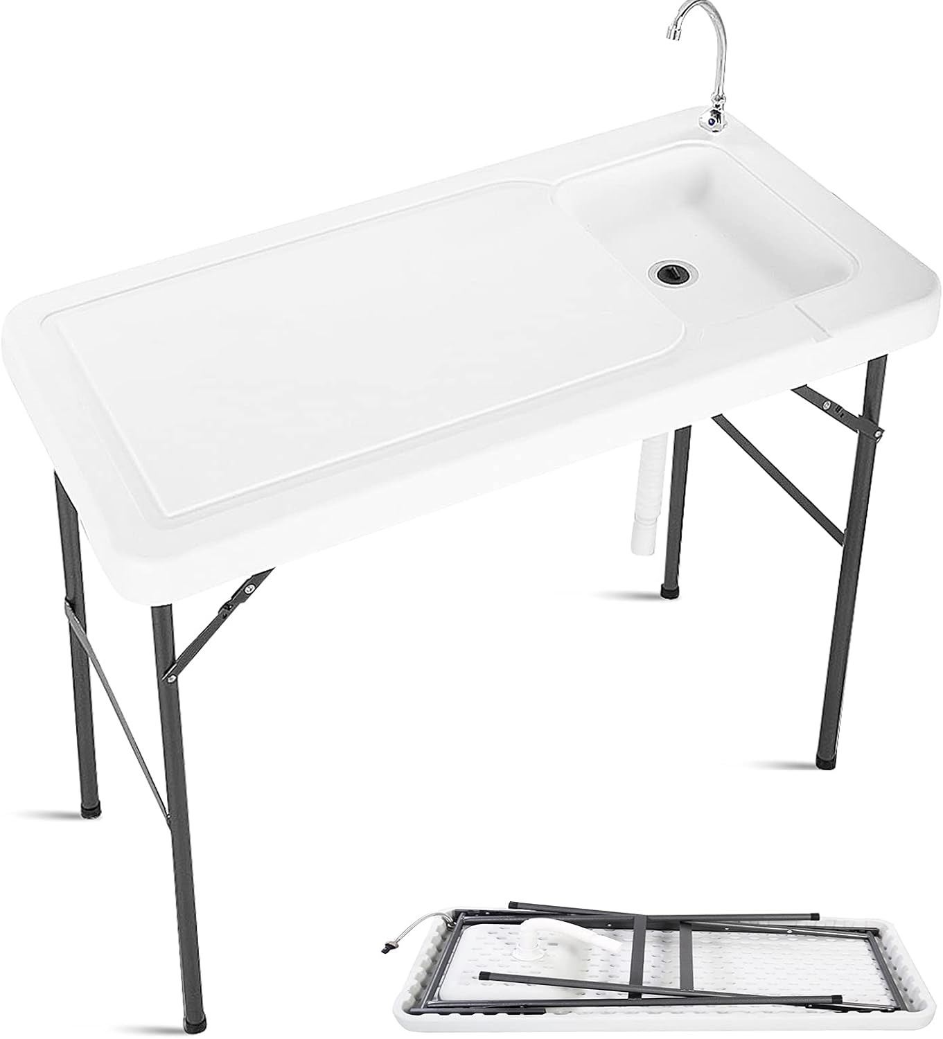 Giantex Folding Fish Cleaning Table, Camping Table with Sink and Faucet, Picnic Table with Drain Hose, Outdoor Cutting Table, Portable Fish Table, 45x 23.6x 37.4