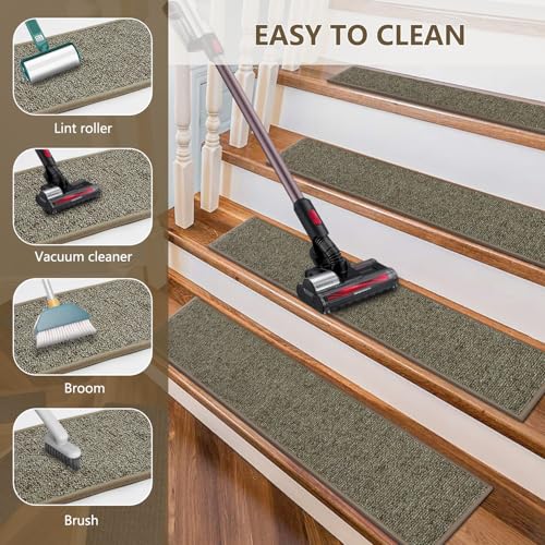 Stair Treads Non Slip for Wooden Steps Indoor, KOOTETA 15 Pack 8" X 30" Carpet Stair Treads with Reusable Adhesive for Kids Elders and Dogs, Surface Polyester TPR Backing Stair Runner Rugs, Dark Grey