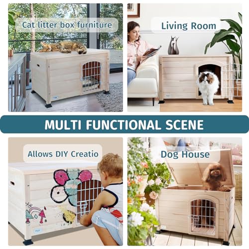 Petsfit Large Dog House with Terrace & Openable Asphalt Roof, 45" L x 54" W x33 H, XL Dog House Outdoor with Elevated Floor, Window & Door Flap, Outdoor Dog House for Large Dogs