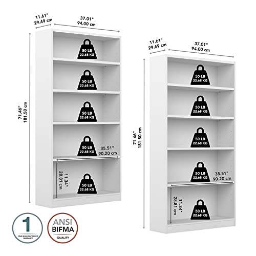 Bush Furniture Universal Tall 5 Shelf Bookcase in Black - Set of 2, Matching Storage and Display Bookshelves for Home Office or Living Room Organization